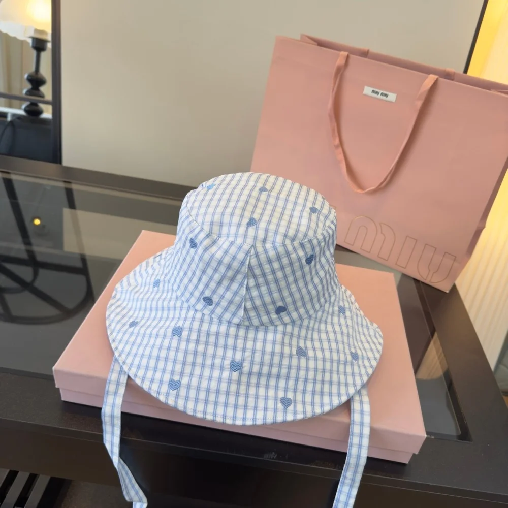Miu Miu Blue White Gingham Heart Embroidery Bucket Hat